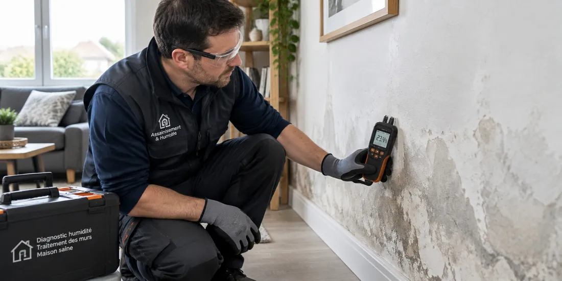 Technicien mesurant l’humidité d’un mur atteint de moisissures