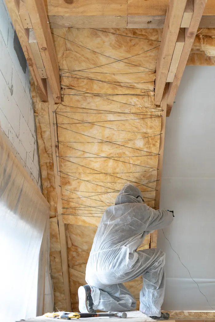 Technicien en combinaison projetant de l’isolant sous une toiture