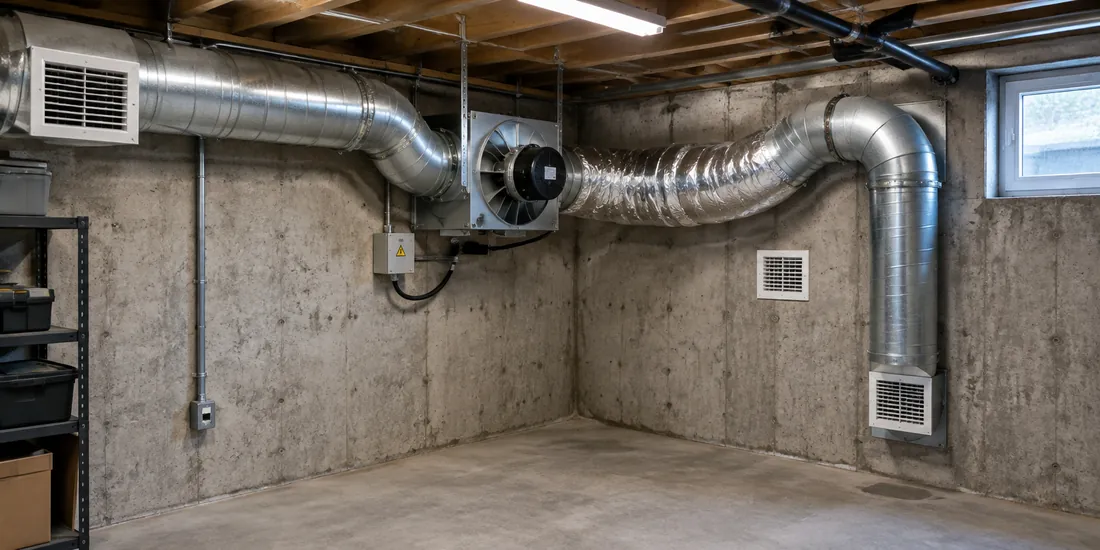 Cave en béton équipée de gaines de ventilation et d’un extracteur